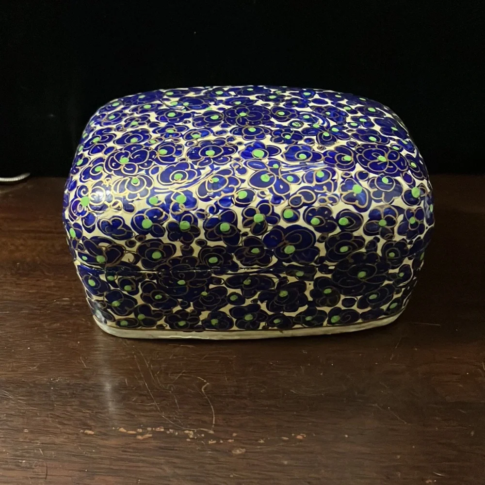 Vintage Indian Papier Mâché Blue, Black, & Gold Trinket / Jewelry Box